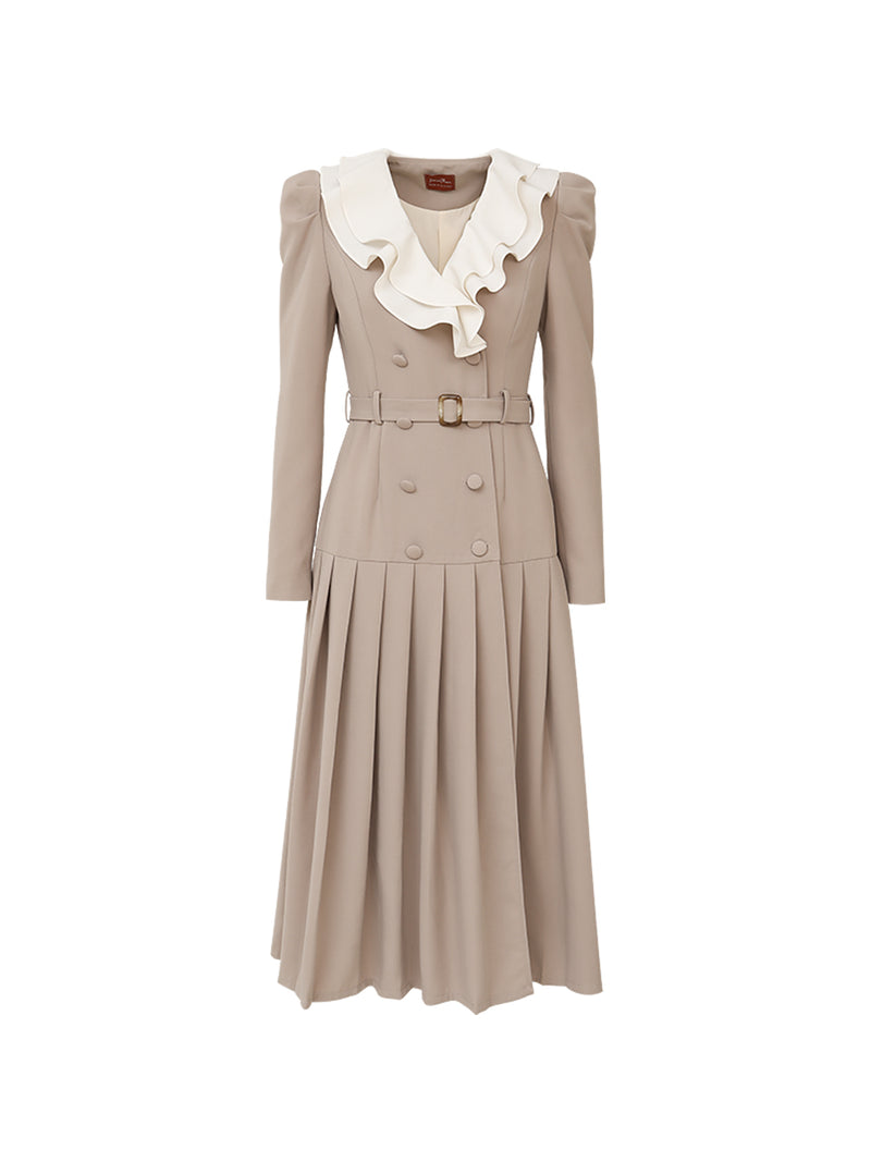 Belted pleats long dress (beige)
