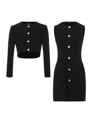 Chouette Black Set – long-sleeve jacket with button front and sleeveless dress with hidden back zip, fully lined