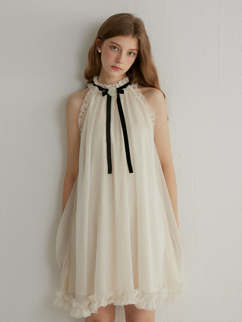 Halterneck ribbon mini dress