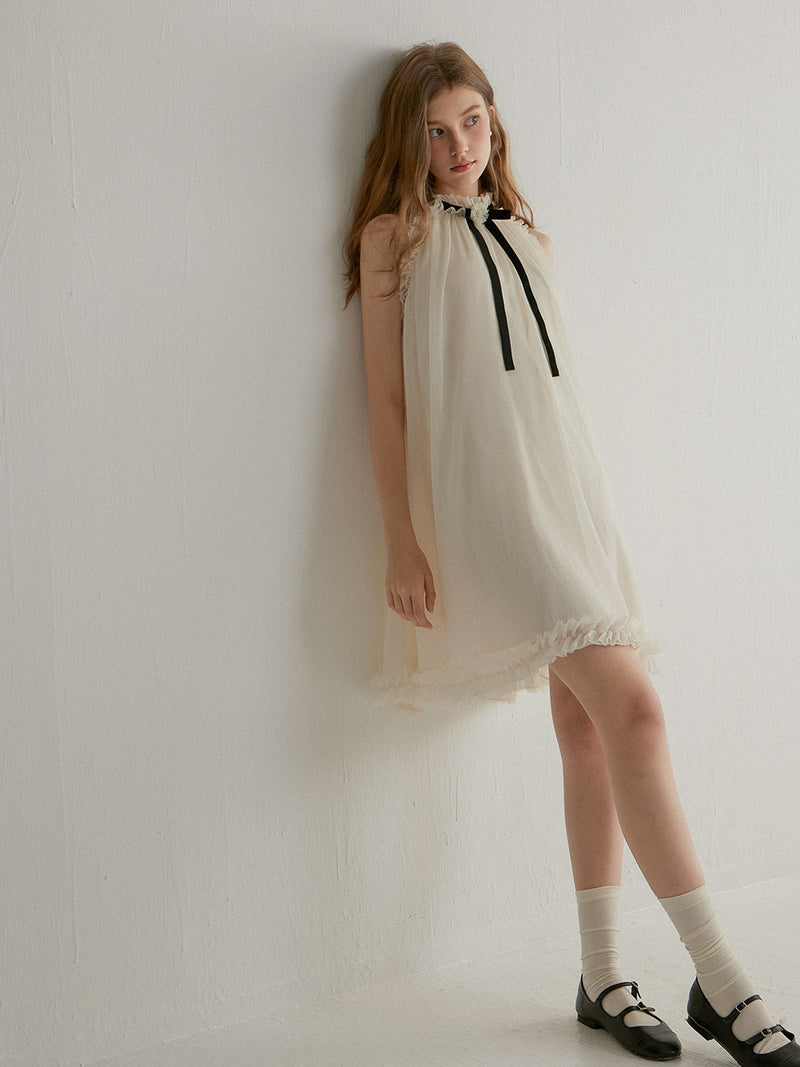 Halterneck ribbon mini dress