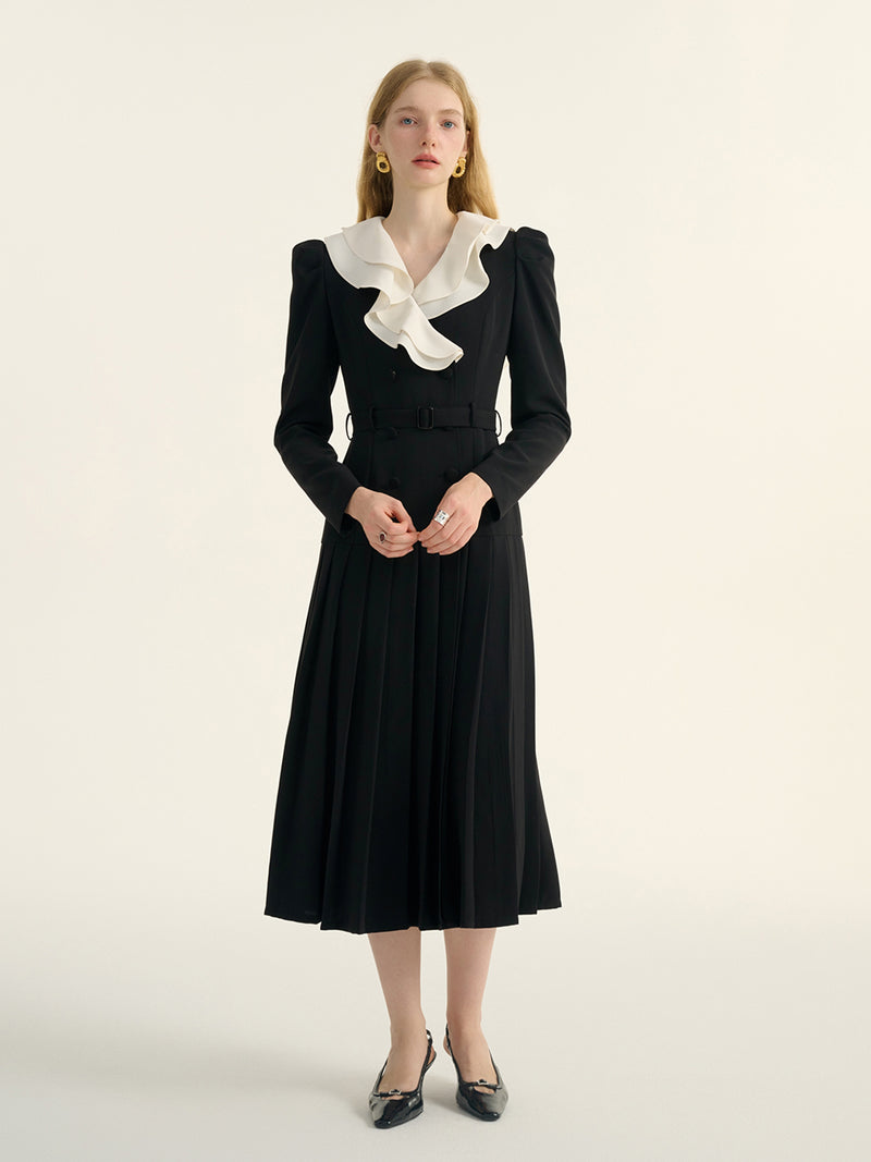 Belted pleats long dress (black)
