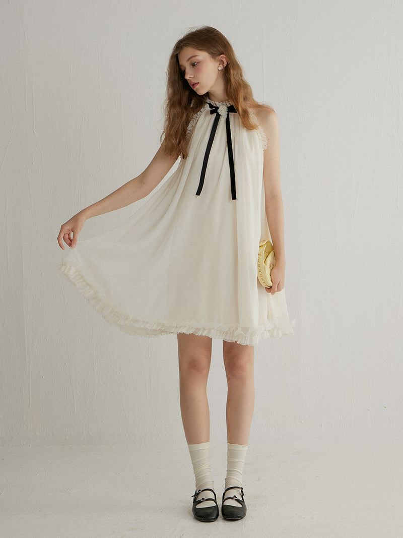 Halterneck ribbon mini dress