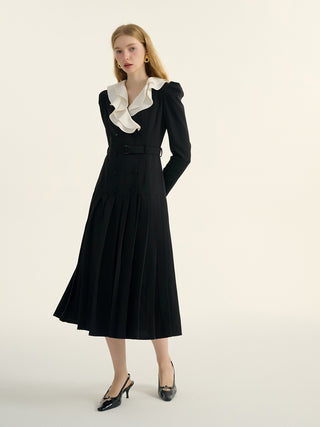 Belted pleats long dress (black)