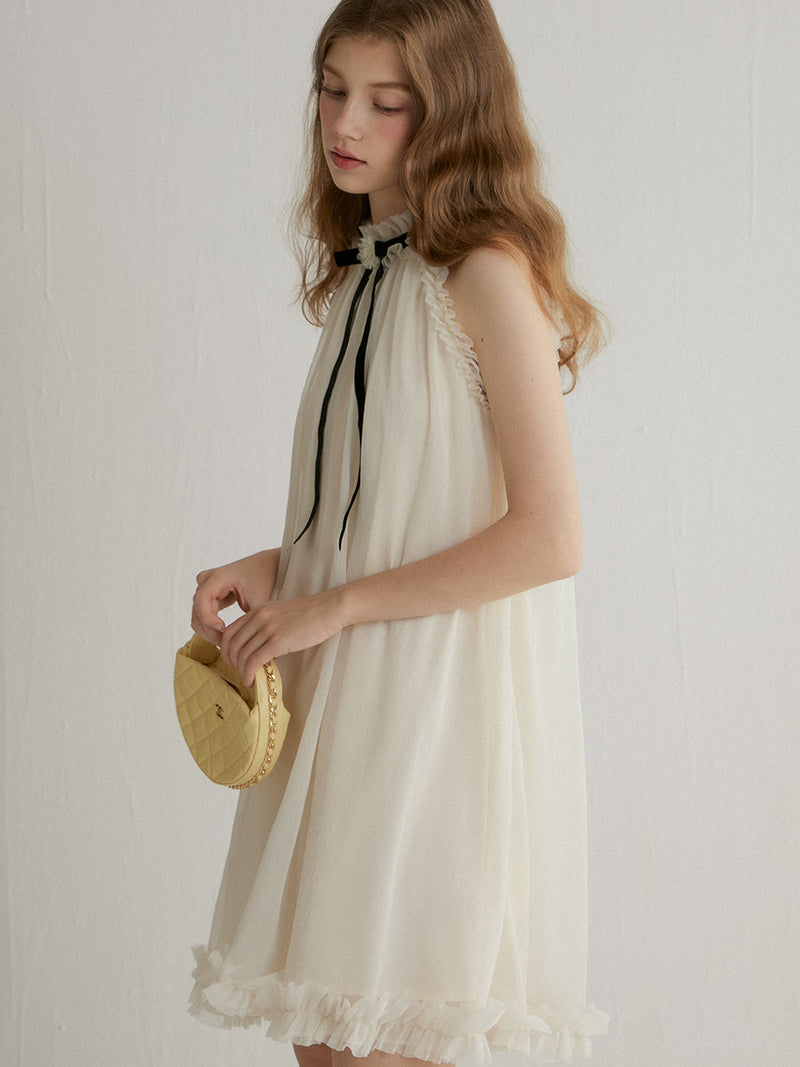 Halterneck ribbon mini dress