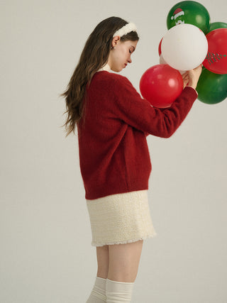 Round knit cardigan (Red)