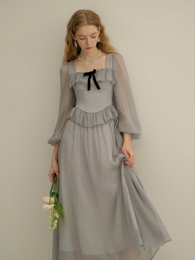 Gray ruffle long dress