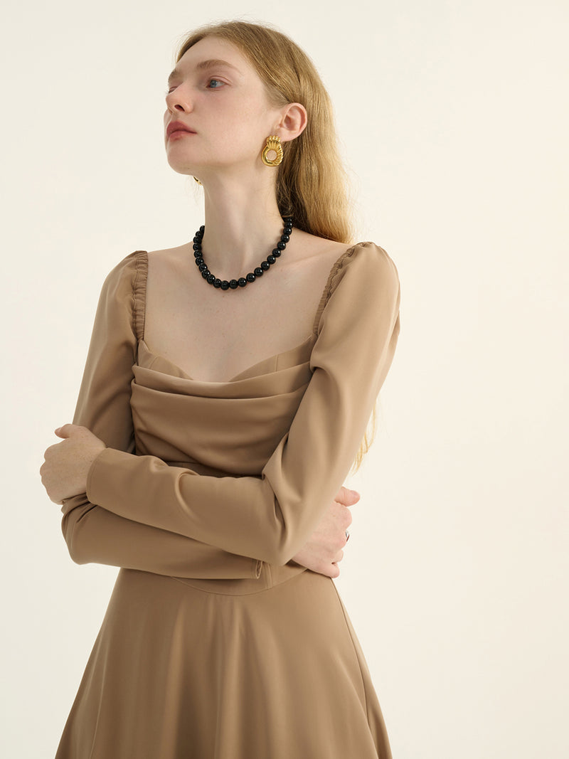 classic square neck long dress (brown)