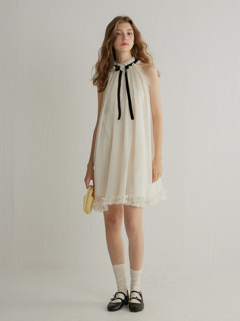 Halterneck ribbon mini dress