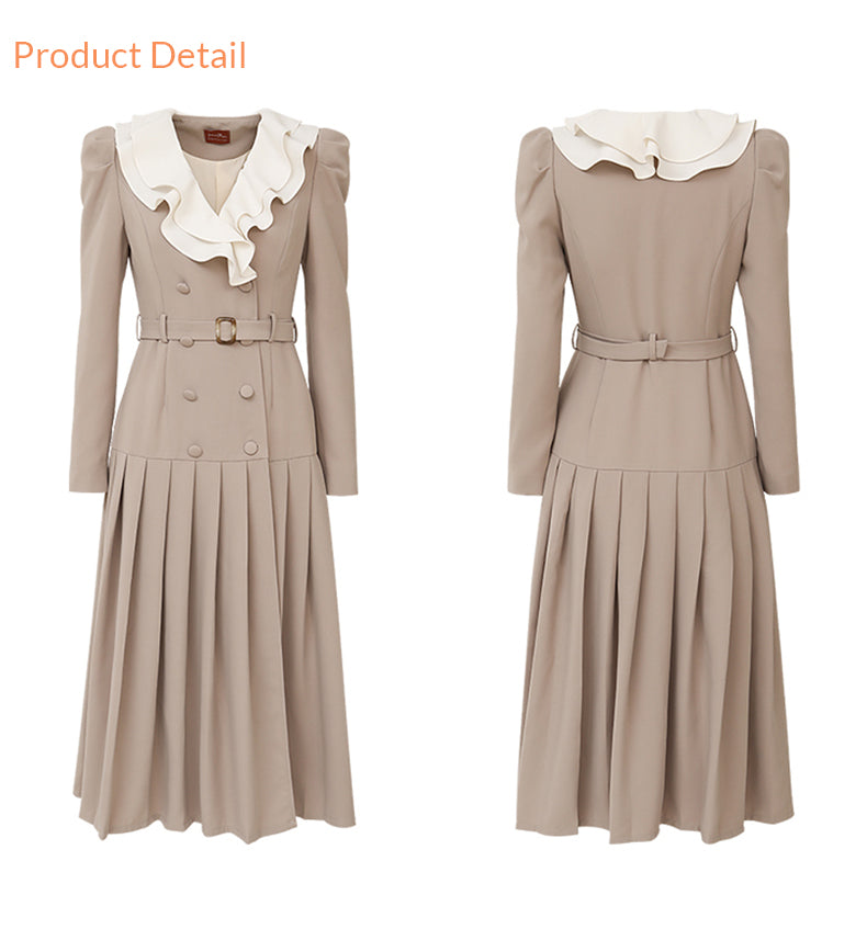 Belted pleats long dress (beige)