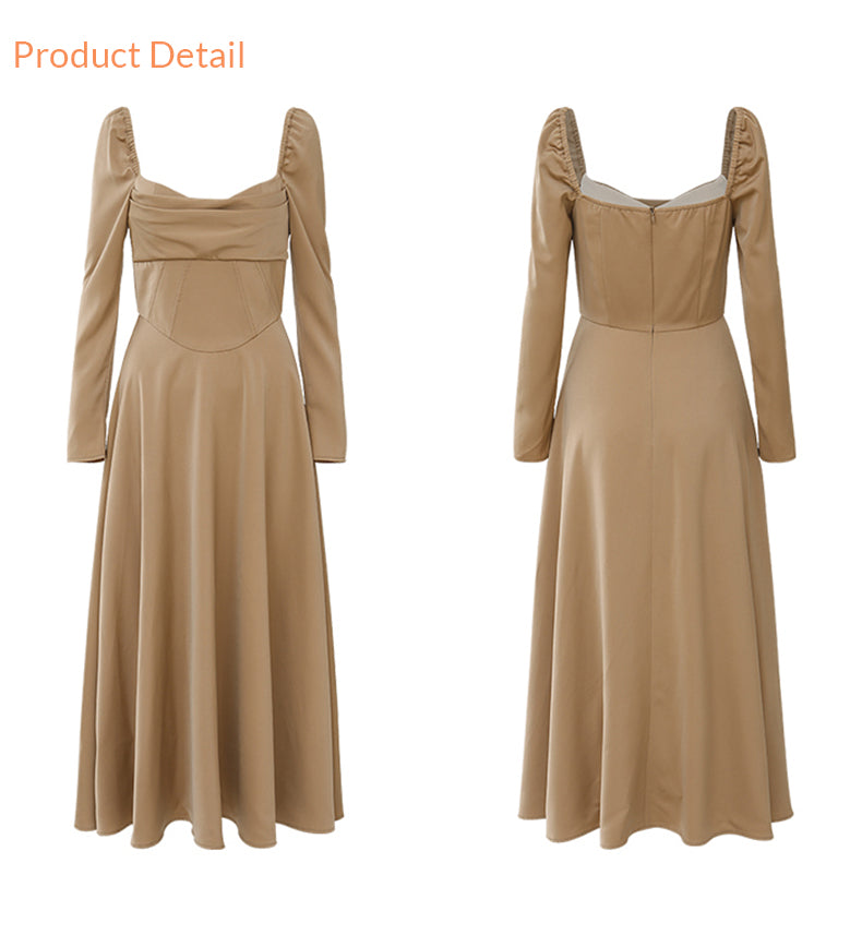 classic square neck long dress (brown)