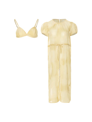 Yellow Paisley Sheer Layered Dress Set with romantic floral embroidery