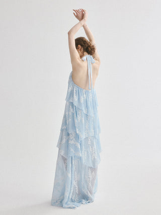 Aqua Leaf Halterneck Maxi Dress