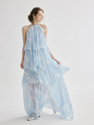 Aqua Leaf Halterneck Maxi Dress