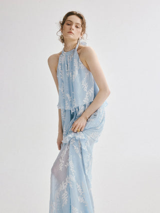 Aqua Leaf Halterneck Maxi Dress