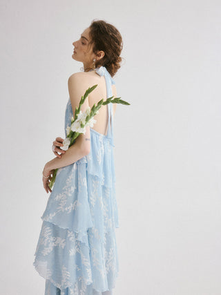 Aqua Leaf Halterneck Maxi Dress