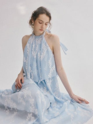 Aqua Leaf Halterneck Maxi Dress