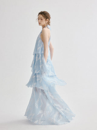 Aqua Leaf Halterneck Maxi Dress