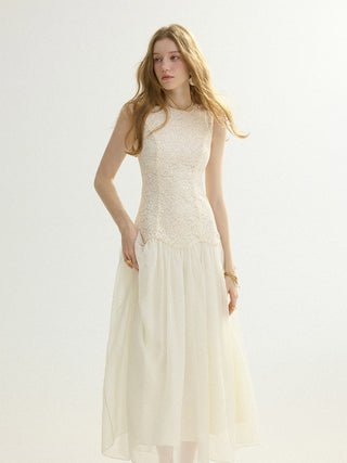 Full view of the Arbella Shimmer Maxi Dress, showcasing the shimmering sequin details and delicate lace bodice.