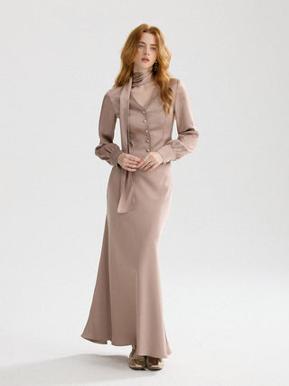 SINCETHEN ash-brown satin long skirt, front view with mermaid silhouette