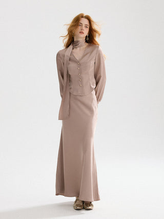 Ash Brown Satin Long Skirt
