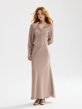 Ash Brown Satin Long Skirt