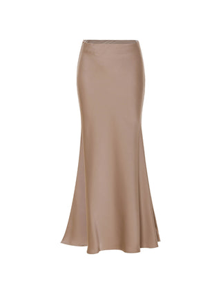 SINCETHEN ash-brown satin long skirt, front view with mermaid silhouette.