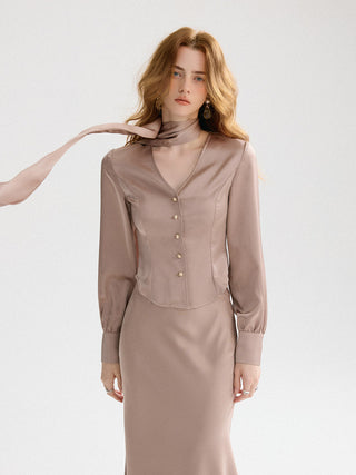 Styled look: ash-brown satin top set with skirt for office-to-evening wear