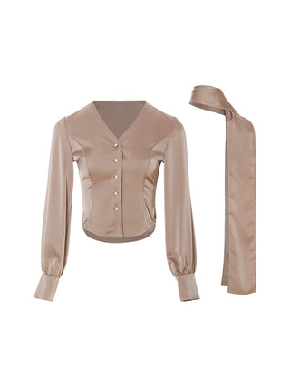 SINCETHEN ash-brown satin V-neck top with matching tie scarf, front view