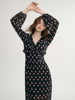 Black Pink V-Neck Long Dress