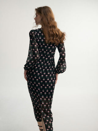 Black Pink V-Neck Long Dress
