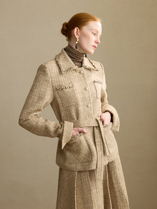 Styled look: braid tweed belted jacket for bright, elegant outfits