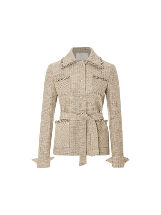 SINCETHEN Braid Tweed Belted Jacket, front view with collared neck and self belt