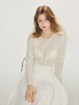 Feminine two-piece blouse and skirt set with garden-inspired embroidery
