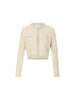 SINCETHEN Butterblonde Tweed Jacket with gold chain trim and patch pockets 