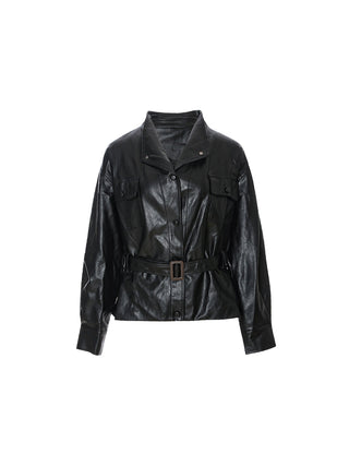 Carmen Belted Leather Jacket Black