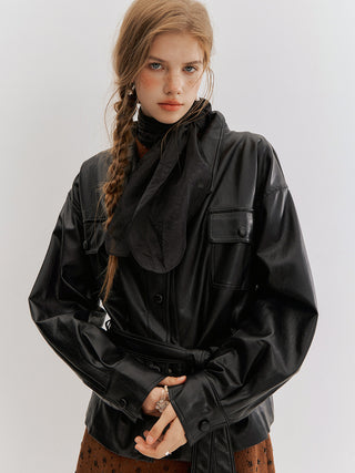 Carmen Belted Leather Jacket Black