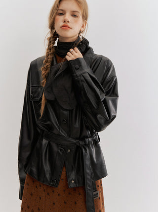 Carmen Belted Leather Jacket Black