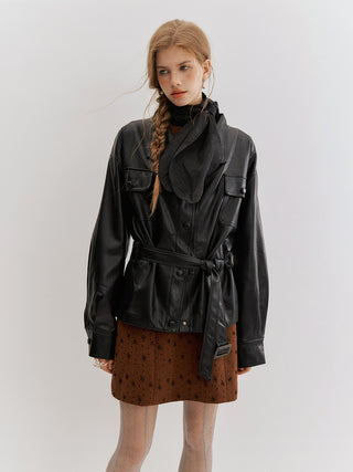 Carmen Belted Leather Jacket Black