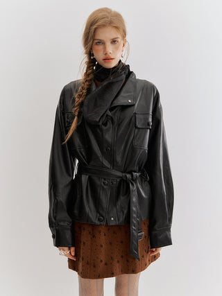Carmen Belted Leather Jacket Black