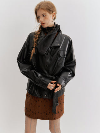 Carmen Belted Leather Jacket Black