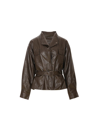 Carmen Belted Leather Jacket Dark Brown