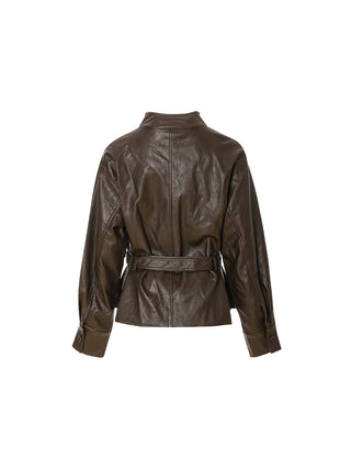 Carmen Belted Leather Jacket Dark Brown