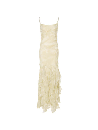Model wearing the Chain Drop Sleeveless Long Dress with chain strap detail and elegant drape – perfect for sophisticated looks on special occasions