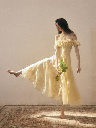 Charmant Off‑Shoulder Long Dress — front view showcasing off‑shoulder neckline and ruffle trim