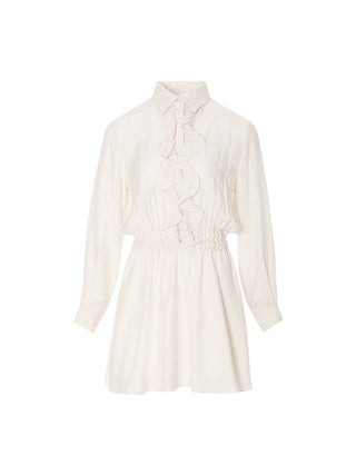cream ruffle mini dress Tiered Long Sleeve Poplin Deep V-Neck, Anabel Mini Dress in Cream, Size 2XS, For Brunch