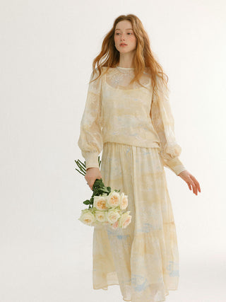 Woman wearing the Dandelion skirt set – soft, feminine, and perfect for a goddess-like spring look.