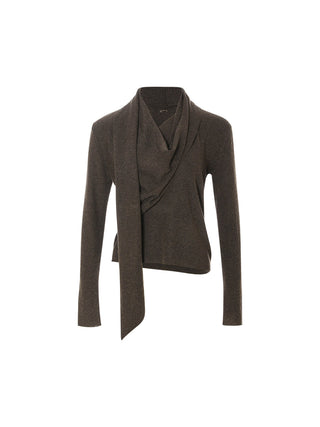 Model wearing the Deep Mocha Drape Knit Top, a deep mocha wool-blend long-sleeve knit with scarf-like draped front detail that adds a sophisticated, polished point to the look – SINCETHEN. 