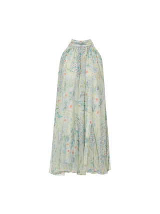 Romantic halterneck mini dress with shirred waist and flared skirt, perfect for summer styling