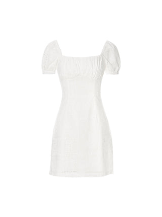 Eyelet Square Neck Mini Dress with delicate embroidery and clean white fabric