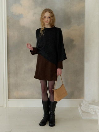Falling Wool Warmer Cape – wool–yak cape with crew neck, asymmetrical hem, and back button; elegant over-outerwear FW layer